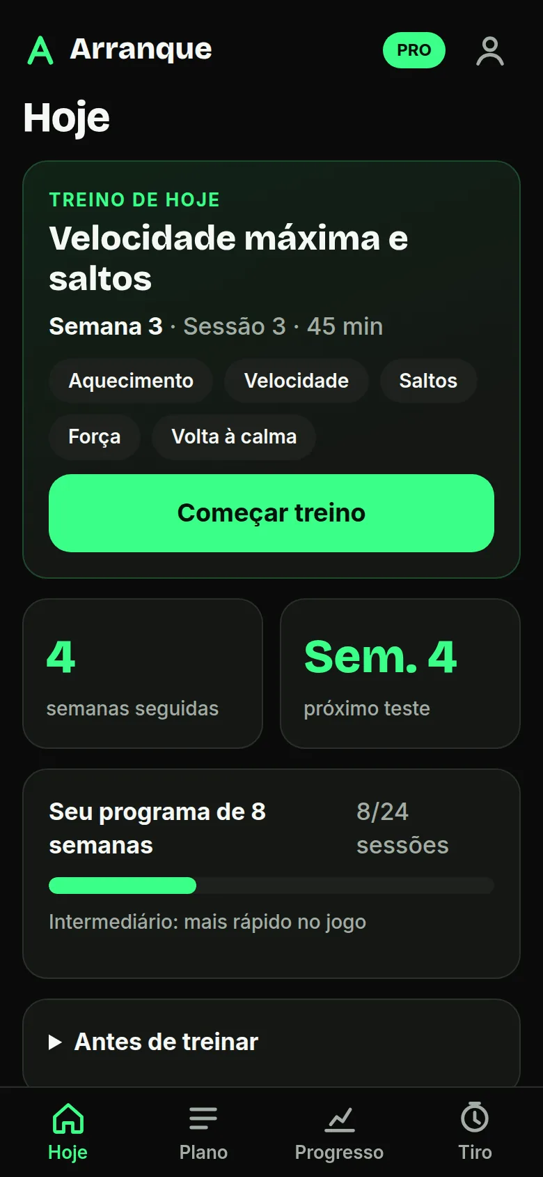 Tela Hoje do app: treino do dia, semanas seguidas e próximo teste